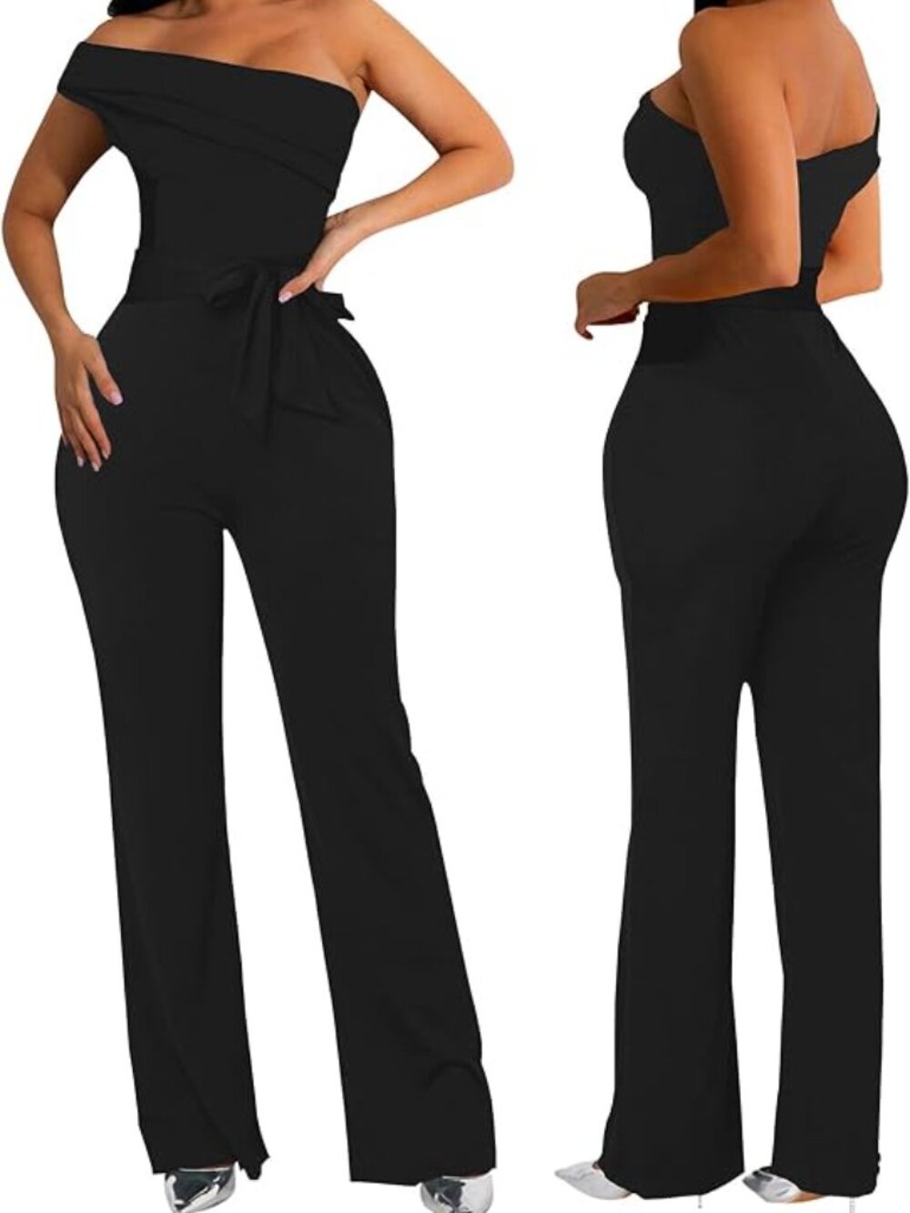 Quiet luxury Black One Shoulder Wide Leg Jumpsuit Elegant Cocktail Party Outfit